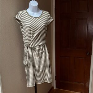 Talbots Beige Olive Striped Mini Cotton Short Sleeve Jersey Dress Women’s Size S